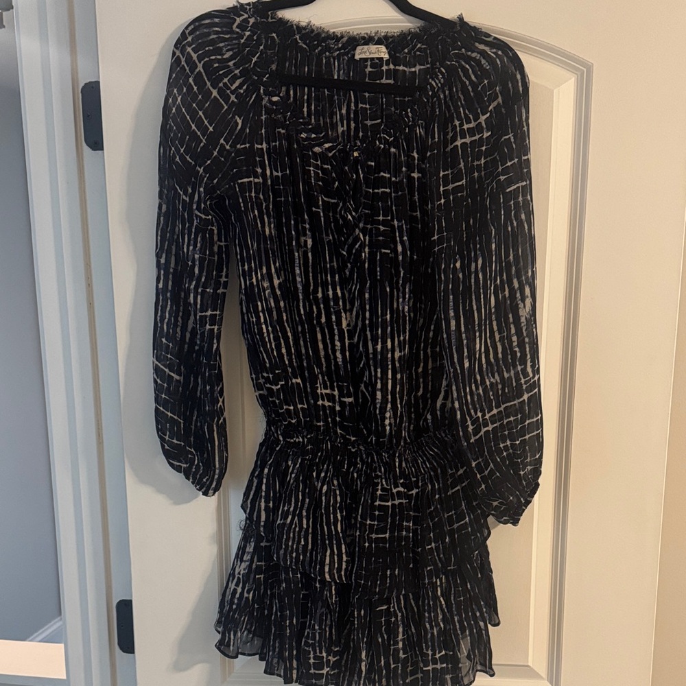 LoveShackFancy Black and White Long Sleeve Tiered Mini Dress